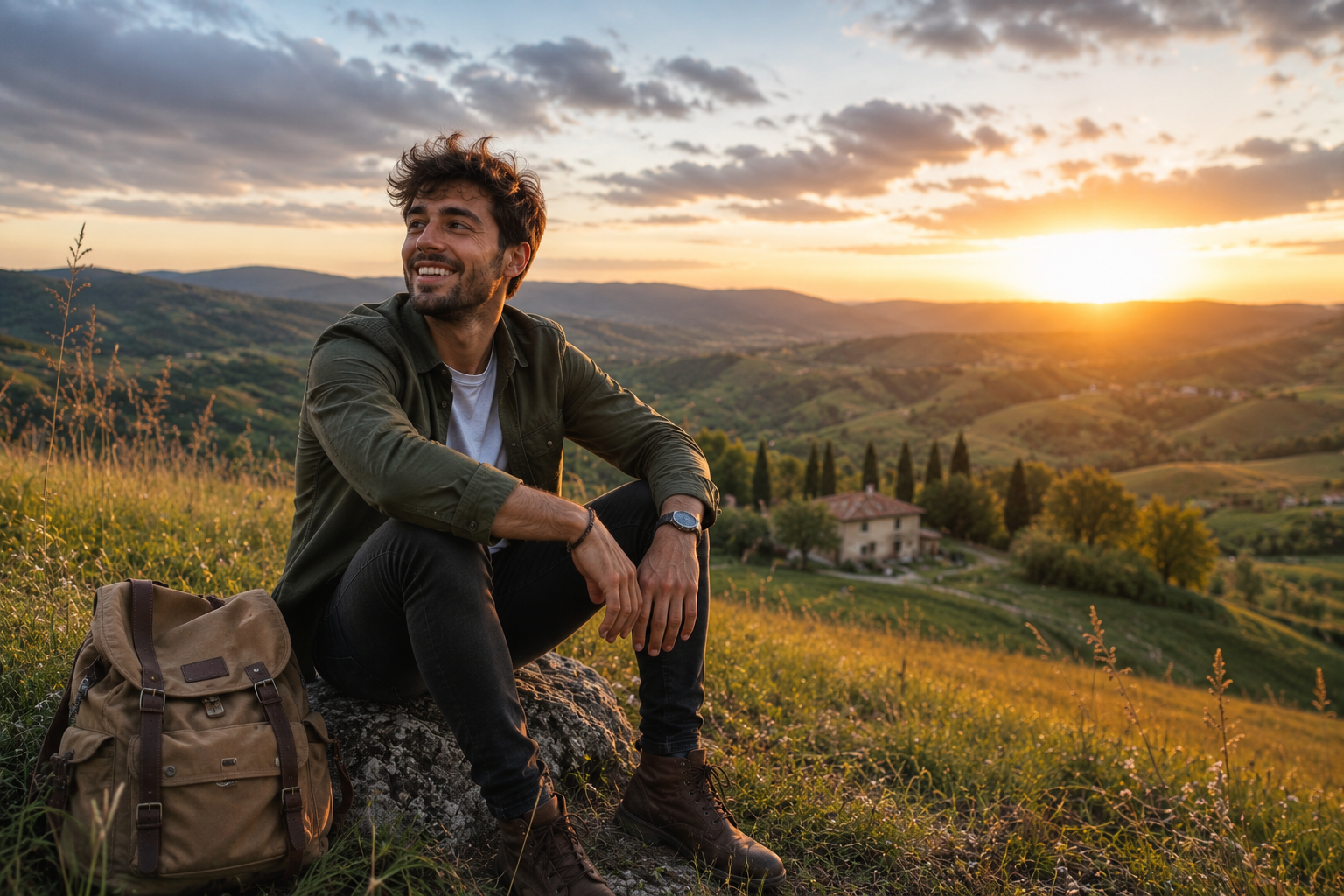 Creador de viajes contemplando una región montañosa durante el atardecer